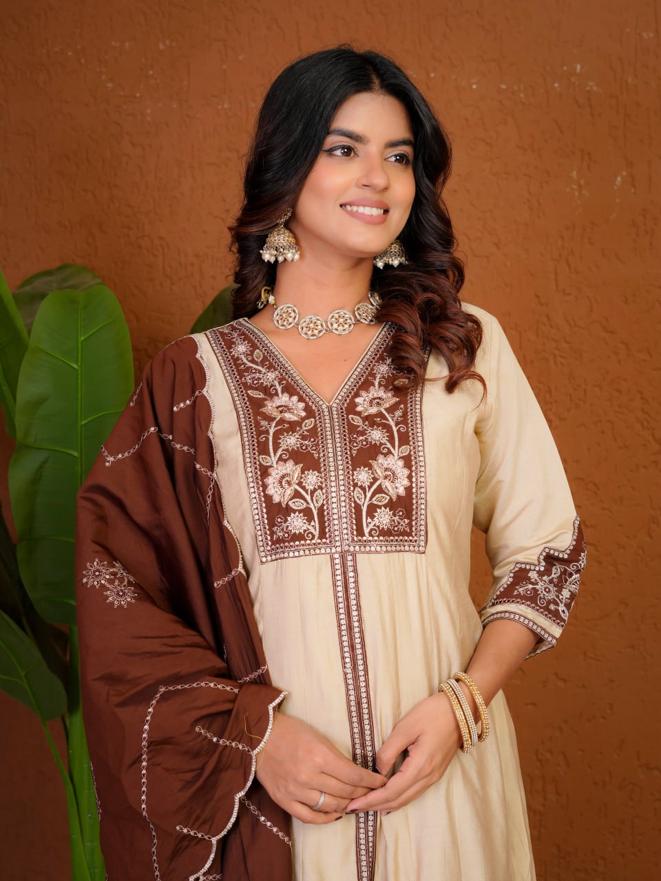Hand Embroidered Roman Silk Anarkali Kurti Set with Palazzo & Dupatta