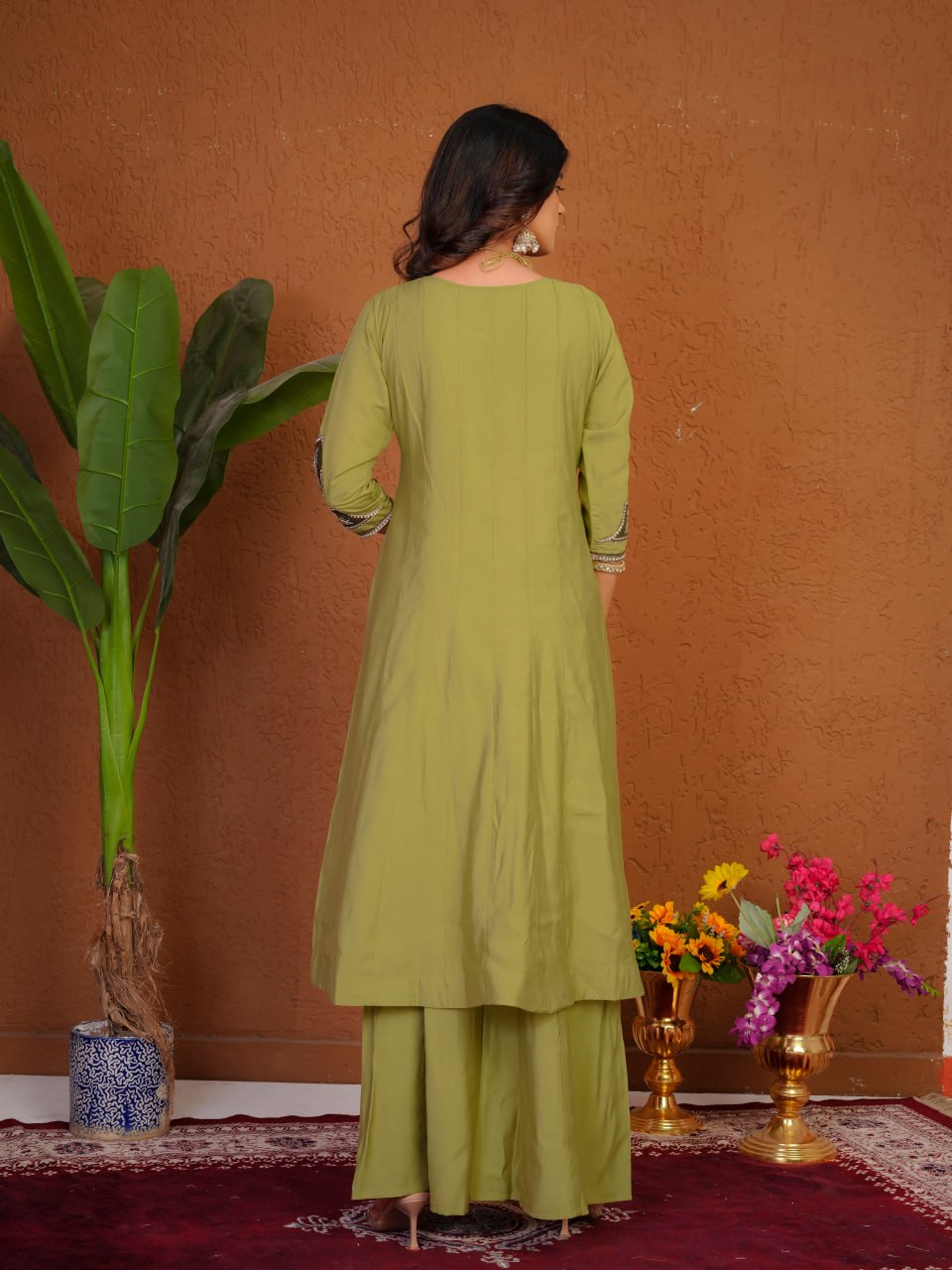 Hand Embroidered Roman Silk Anarkali Kurti Set with Palazzo & Dupatta