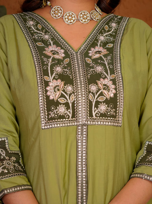 Hand Embroidered Roman Silk Anarkali Kurti Set with Palazzo & Dupatta