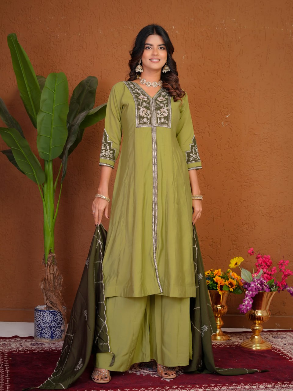 Hand Embroidered Roman Silk Anarkali Kurti Set with Palazzo & Dupatta
