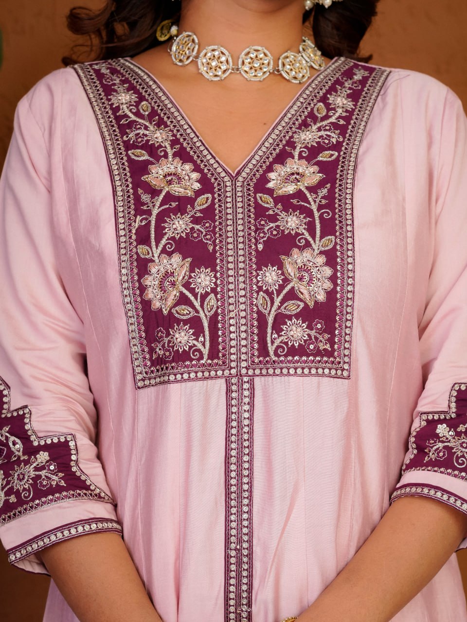Hand Embroidered Roman Silk Anarkali Kurti Set with Palazzo & Dupatta