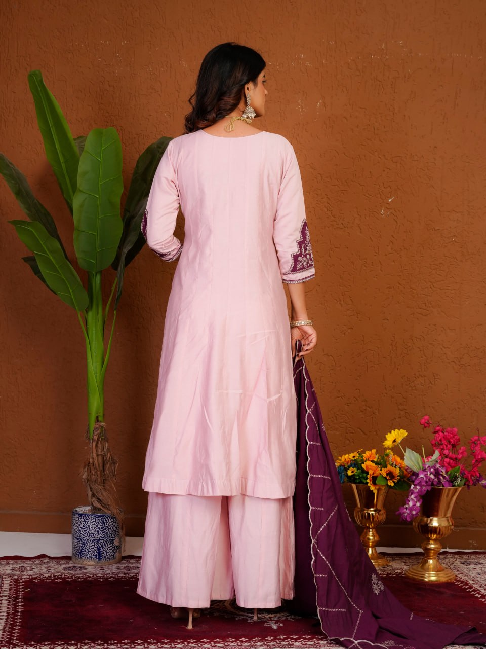 Hand Embroidered Roman Silk Anarkali Kurti Set with Palazzo & Dupatta
