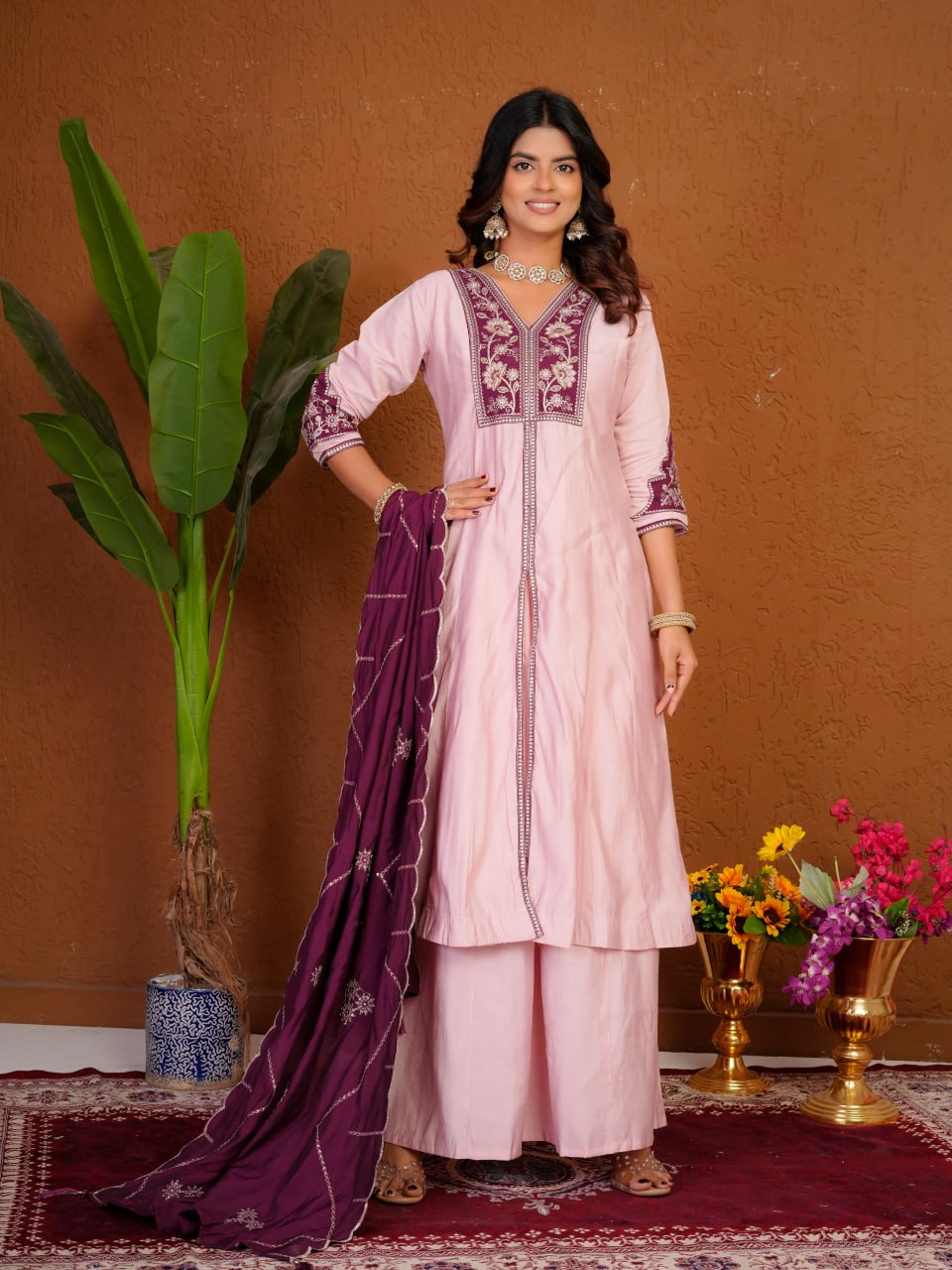 Hand Embroidered Roman Silk Anarkali Kurti Set with Palazzo & Dupatta