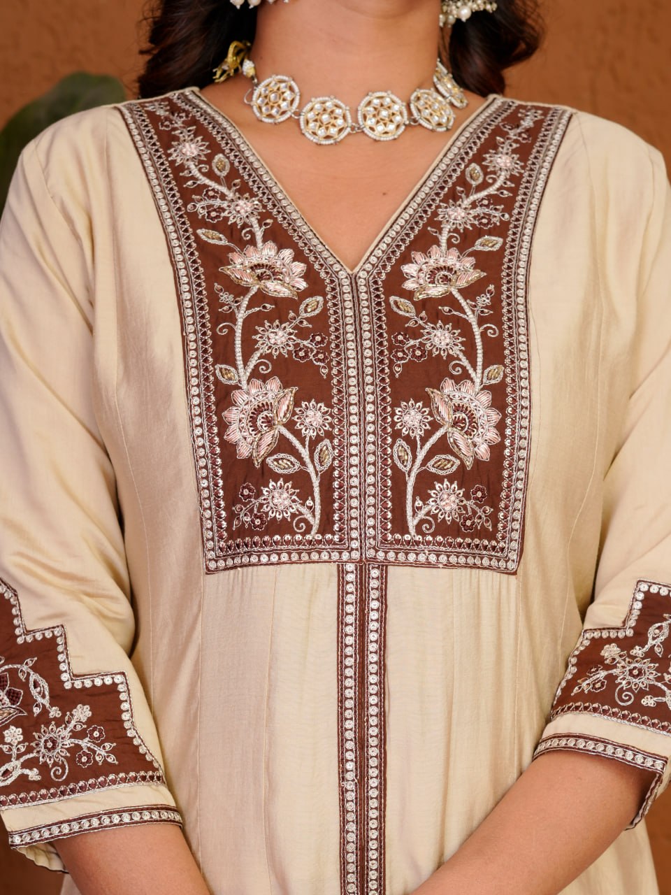 Hand Embroidered Roman Silk Anarkali Kurti Set with Palazzo & Dupatta