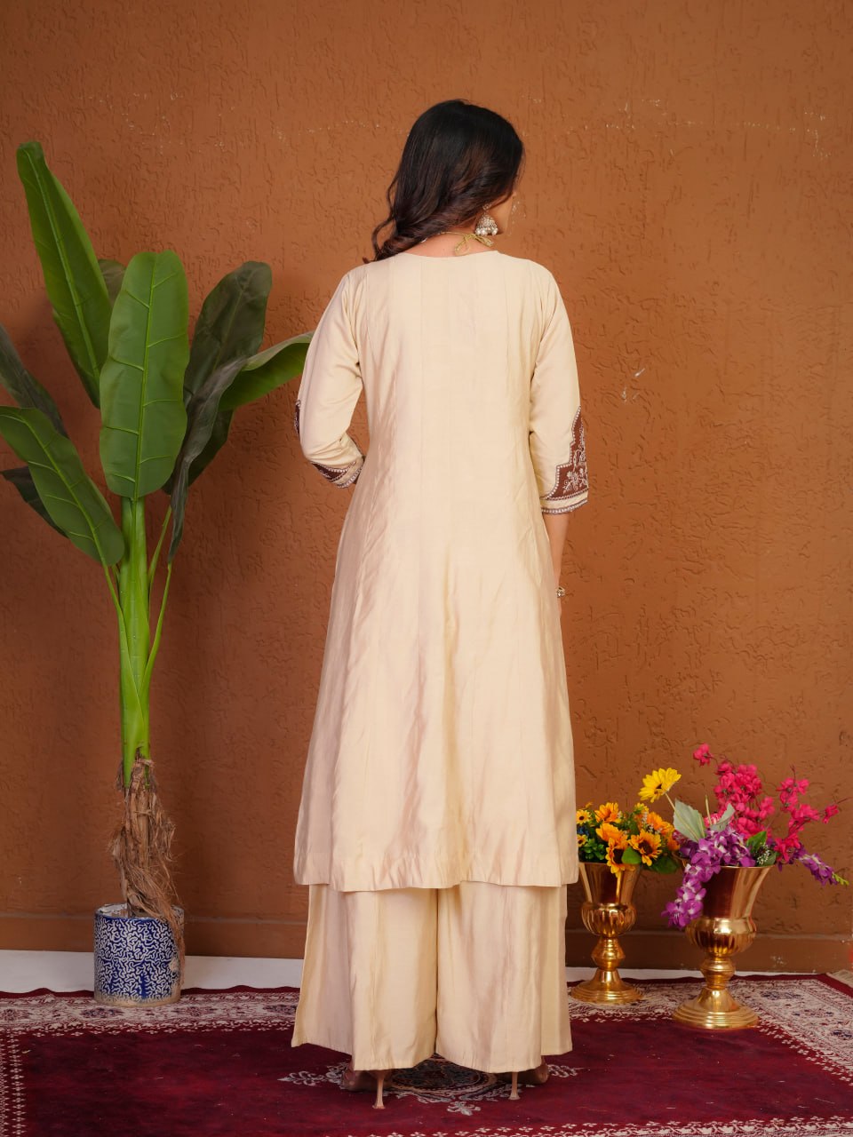 Hand Embroidered Roman Silk Anarkali Kurti Set with Palazzo & Dupatta